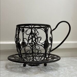 Wrought Iron Vintage Black Metal Teacup Coffee Candle Planter Holder